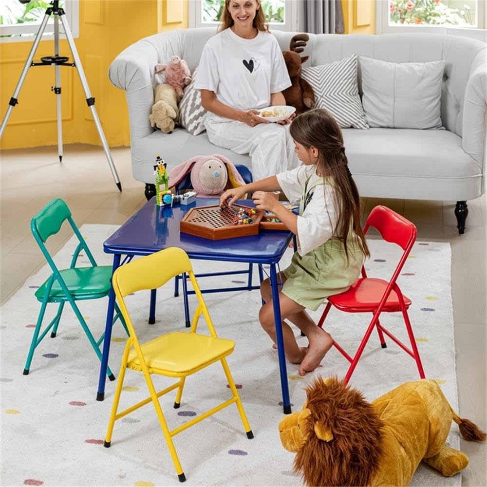 Pemberly Row Kids Table and Chair Set, 1 Blue PVC Metal Table and 4 Colorful Red, Yellow, Green, Blue Chairs, Durable Easy-Clean Design for Playroom or Classroom, 24"x24"x20.1" Table, 13"x13.4"x20.7"