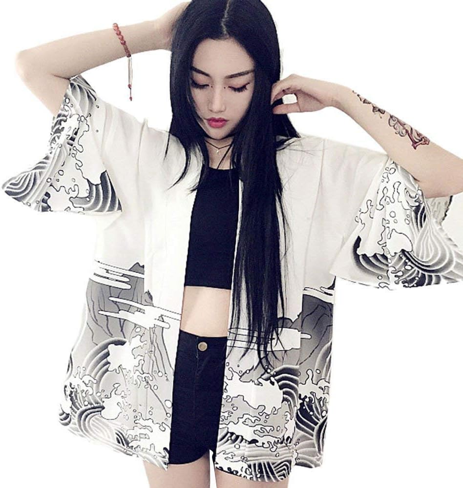 Women Japanese Kimono Cardigan - Autumn Harajuku Ancient Style Bathrobe Cardigan Sunscreen Clothes Pajamas Jacket Feather Knitting Coat