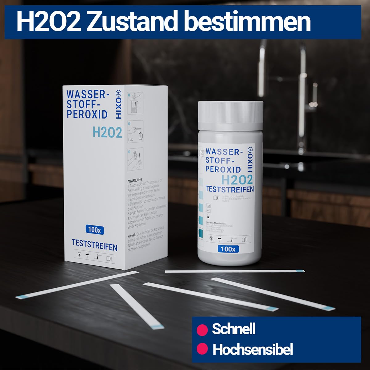 H2O2 - Tira de prueba de peróxido de hidrógeno para 0 a 100 ppm - Medición de concentración - Uso rápido y fácil - Con escala de color