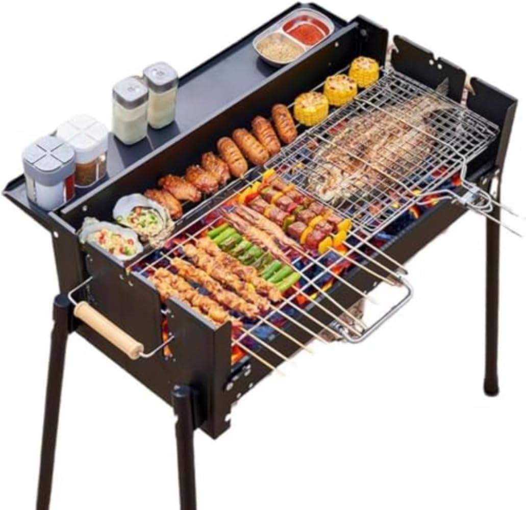 バーベキューコンロ 8人用 大型 折りたたみ式 火力調節 調味料棚付き ステンレス製 BBQグリル アウトドア・キャンプ向け 家族に