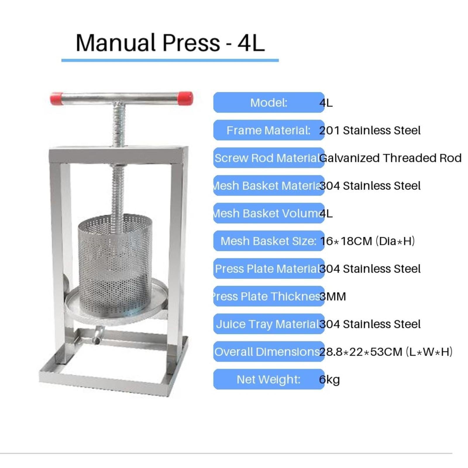 estrattore di miele manuale in acciaio inox pressa manuale per uva manual honey press extractor Attrezzatura apicoltura per estrarre il miele forniture api miele,vino,frutta,cera,4L