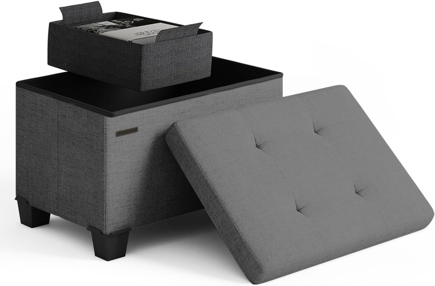 STORAGEBUD Storage Ottoman Cube with Small Bin, 16-in Square Ottoman with Storage for Living Room and Bedroom, Small Ottomans Foot Rest, Fabric Foot Stools Ottomans Max 330lbs, Grey