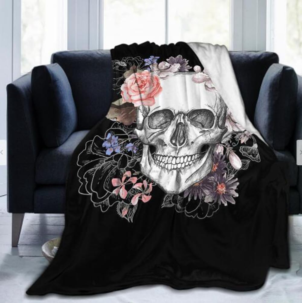TR323 Rose Skull Coperta Halloween A Tema Pile Coperta Per Divano Letto Adulto Skull Pattern Sherpa Coperta Rosa Fiori Floreali Peluche Fuzzy B