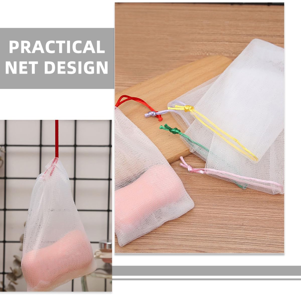 LABRIMP 50 Pezzi Sacchetti Portasapone in Pe Rete Schiumogena la Pulizia del Viso, Design Laccetto Appendibile, Borsa Pratica per Sapone Solido e Detergente