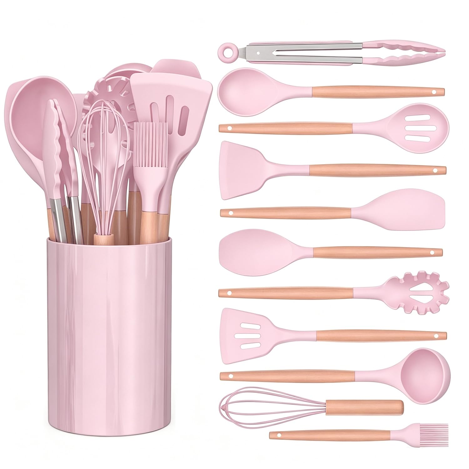 12 PCS Silicone Cooking Utensils Set with Wooden Handle, Kitchen Utensil Set, Heat Resistant, Nonstick Cookware Tongs Spatula Spoon Set, Dishwasher Safe, Best Kitchen Tools with Holder (Pink)