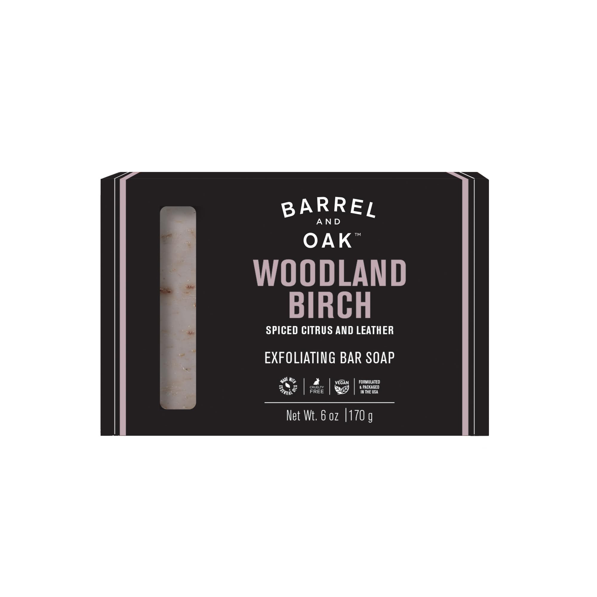 Barrel & Oak Exfoliating Bar Soap for Men, Walnut Shell Powder, Olive Stone, and Essential Oils, Long-Lasting Bar Soap, Vegan, SLS-Free, Woodland Birch