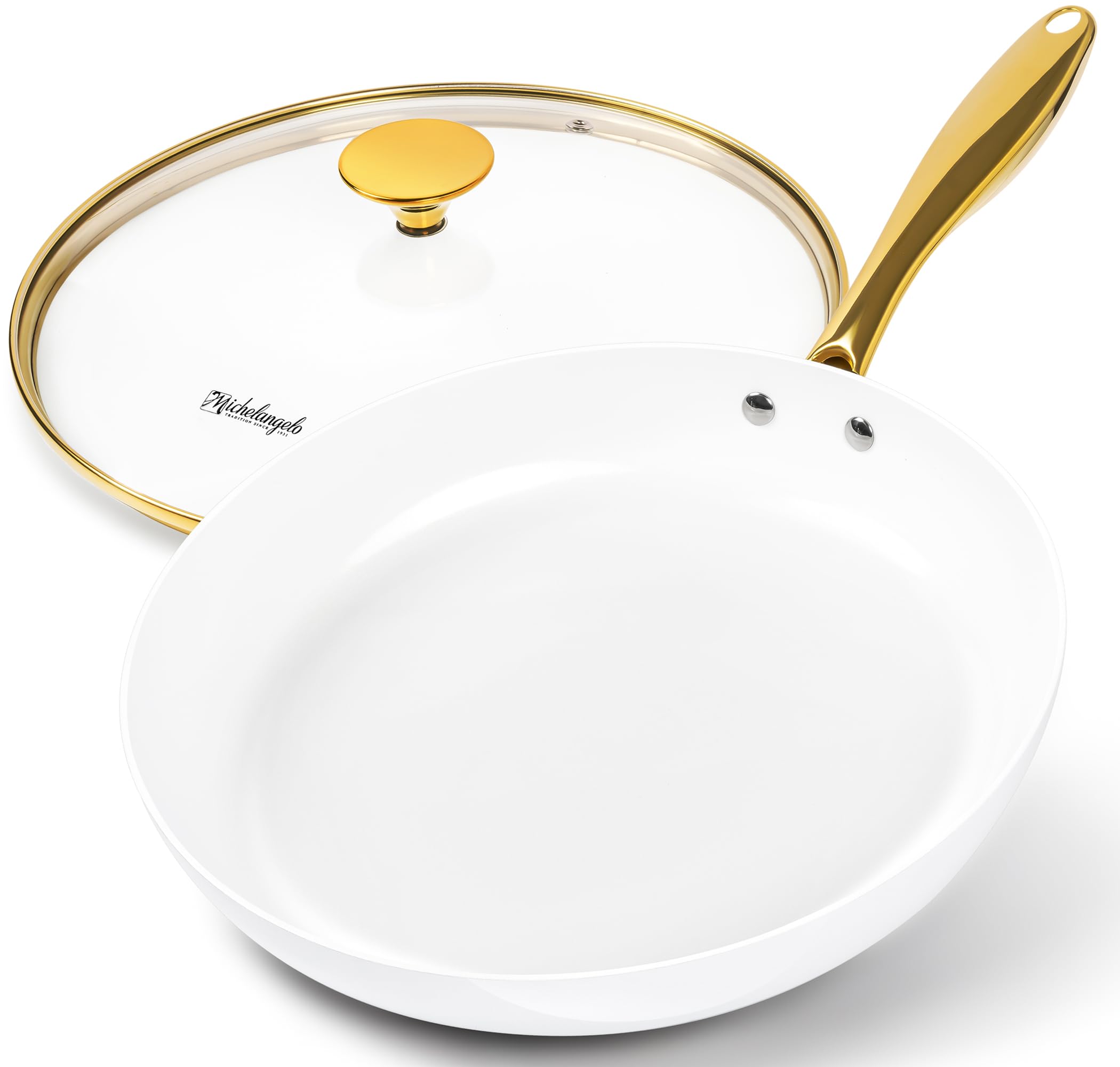 MICHELANGELO Ceramic Frying Pan 30 cm, Frying Pans with Lid, Induction Pan Nonstick, Non Toxic Pans, Ceramic-Coated, White