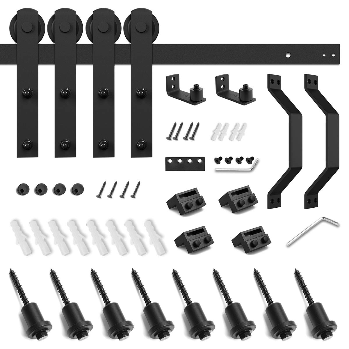 SMARTSTANDARD 10 FT Heavy Duty Double Gate Sliding Barn Door Hardware Kit, 10ft Double Rail, Black, (Whole Set Includes 2X Pull Handle Set & 2X Floor Guide) Fit 30" Wide Door Panel (I Shape Hangers)