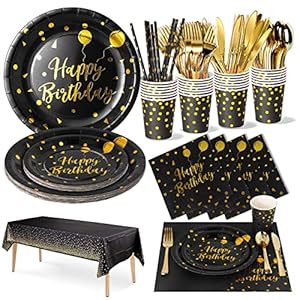 Nkaiso Cumpleaños Vajilla de Fiesta,161 Pcs Negro Dorados Vajilla Set Platos Fiesta Tazas Servilletas Cuchillos Tenedores Cuchara y Mantel, para todo tipo de Fiestas Temáticas -20 invitados