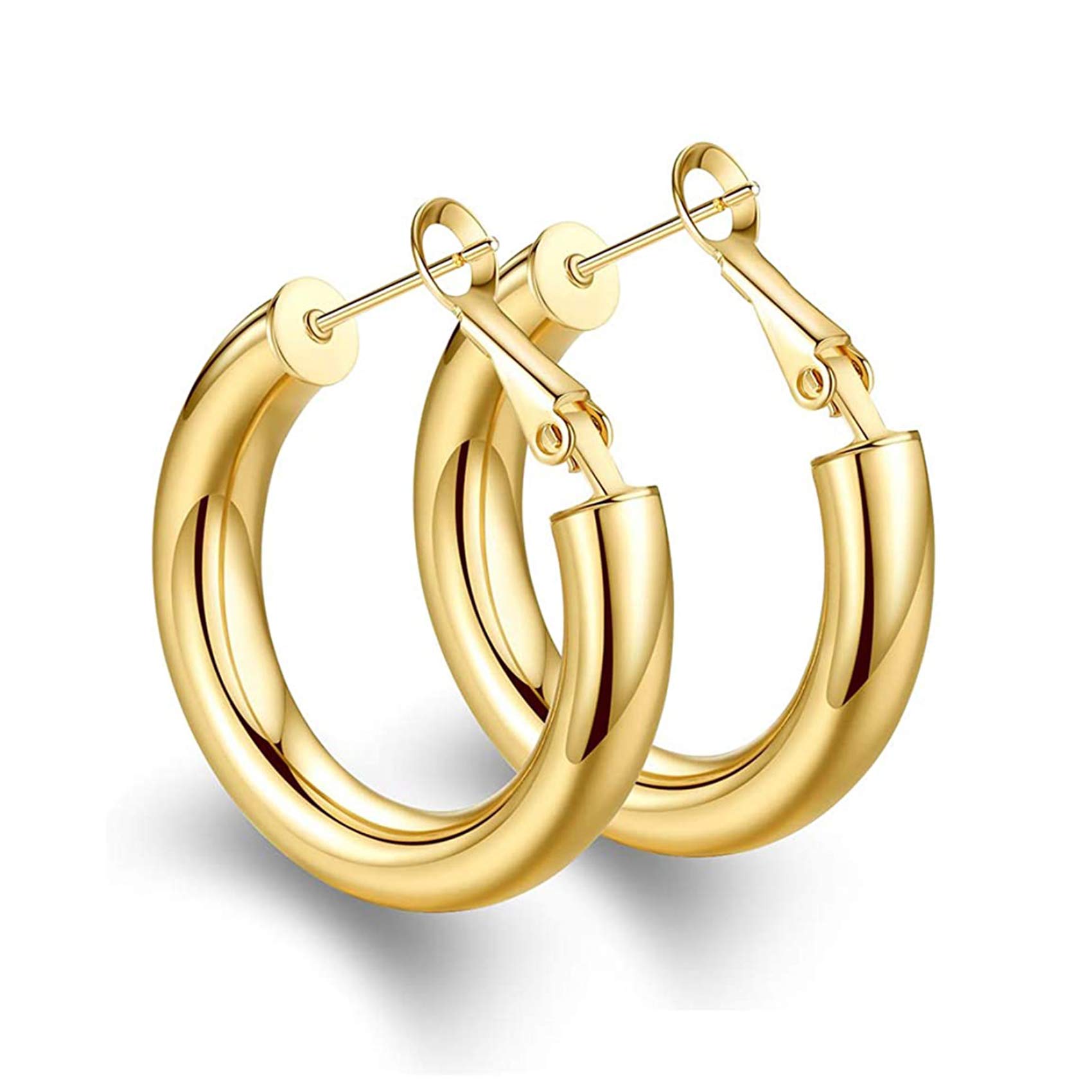 BMMYE925 Sterling Silver Post Chunky Gold Hoop Earrings, 14K Gold Plated Earrings for Women Lightweight Hollow Tube 25mm-70mm