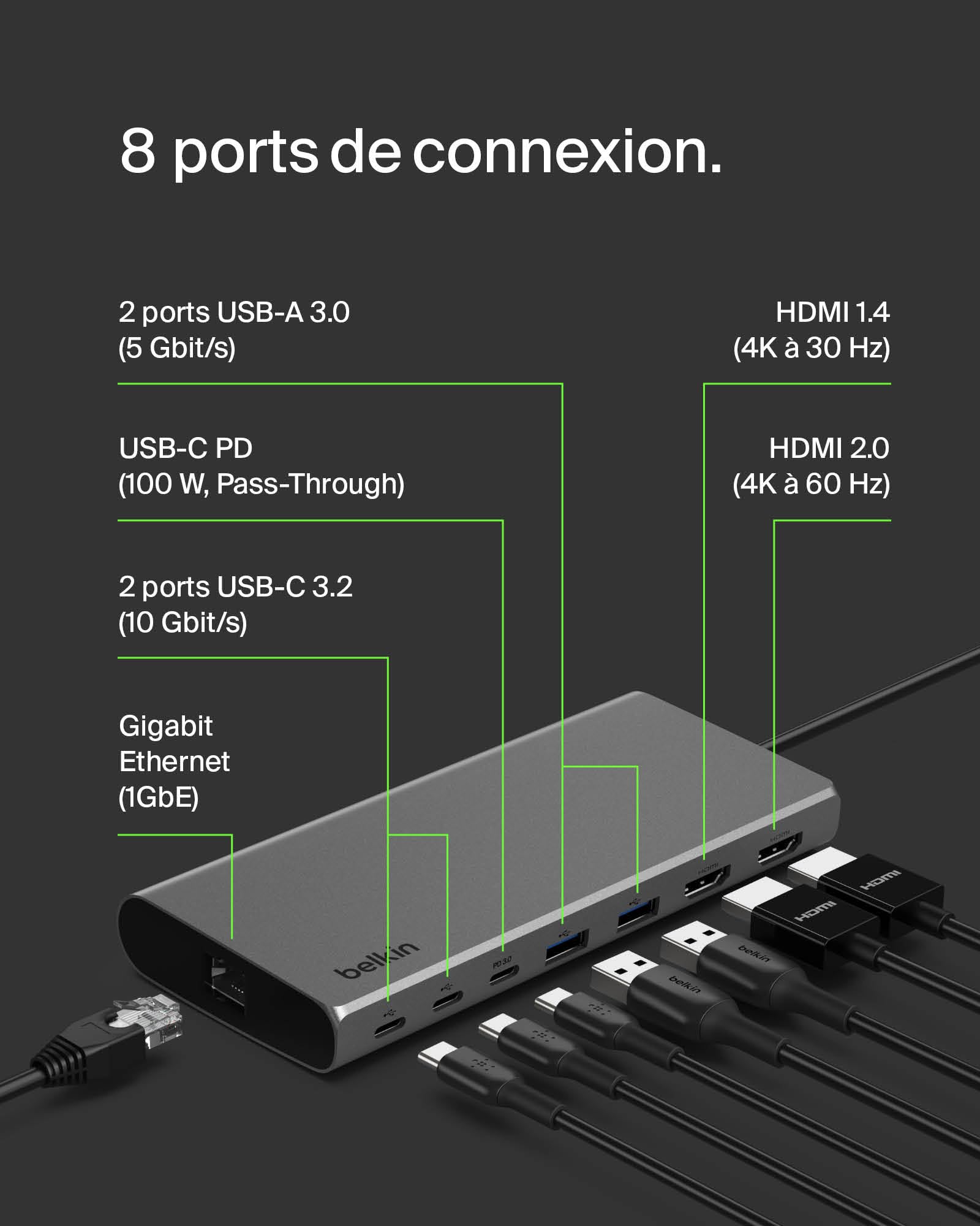 Belkin Connect Station d'accueil USB-C 8-en-1 Dock Core (Affichage Double, Technologie Silicon Motion, Mac, Windows, Chromebook, PD 100 W, Transfert de 10 Gbit/s et Ethernet de 1 Gbit/s, Argent)