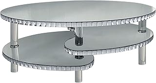 Glamorous Modern Silver Mirrored Glass Coffee Table with Crystal Border,...