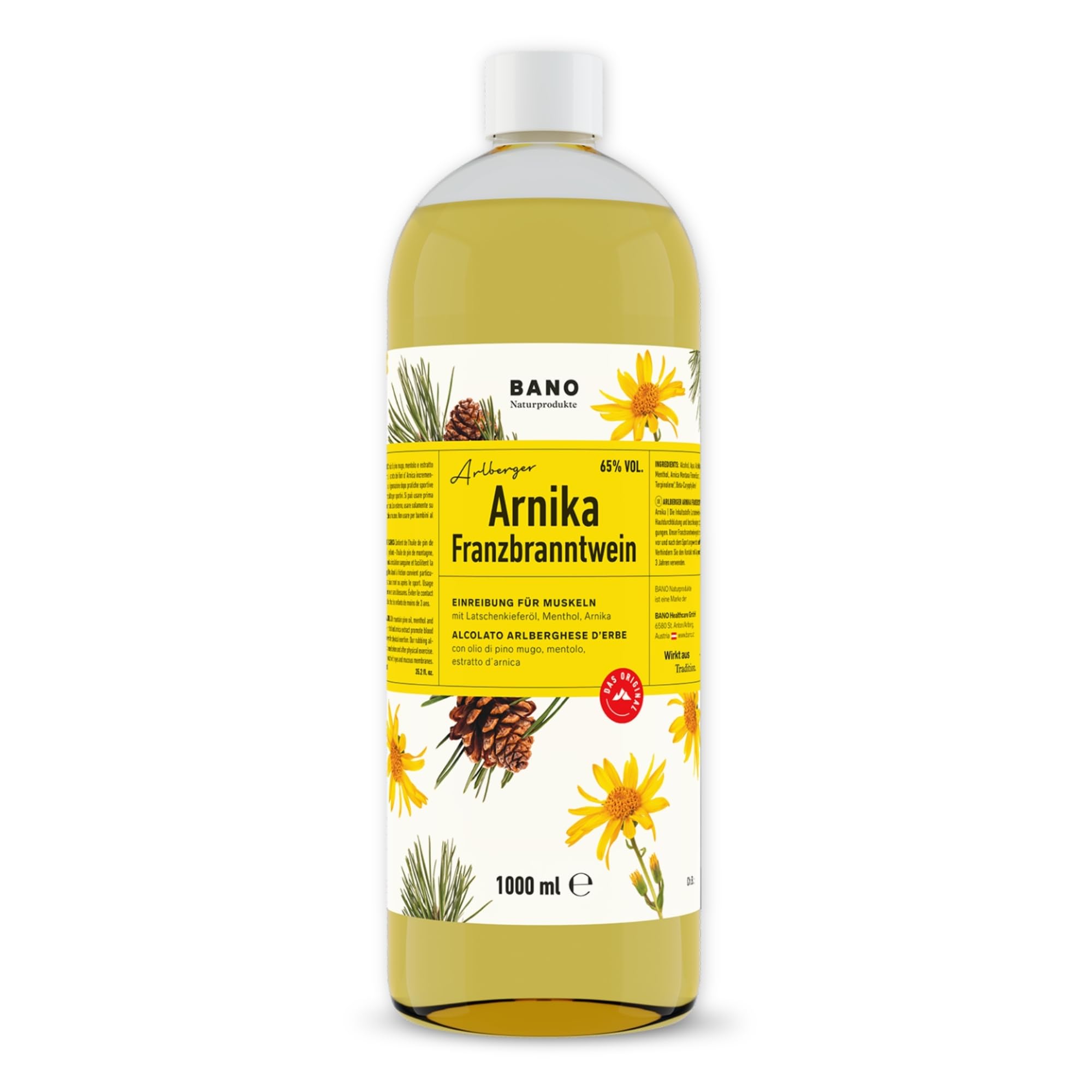 BANO Tiroler Arnika Franzbranntwein 1000ml, Ideal vor und nach Sport, sowie bei Muskelkater, zum Kühlen schwerer Beine, enthält 65% vol. Alkohol, Latschenkieferöl, Menthol und Arnikaextrakt