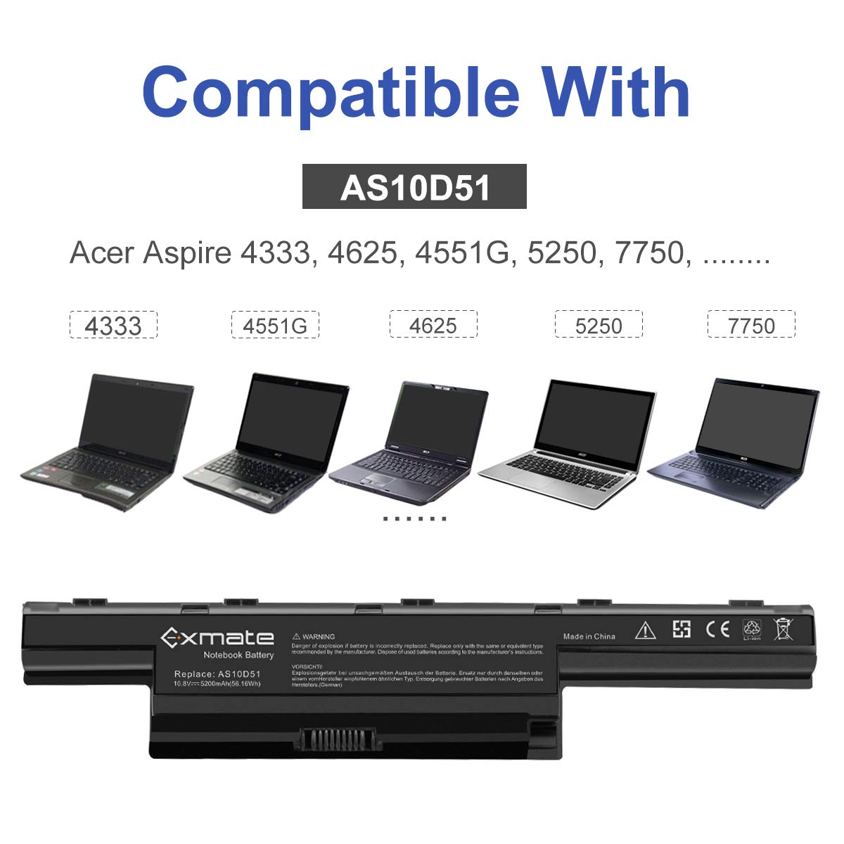 Exmate 5200mAh AS10D31 AS10D51 AS10D3E AS10D41 AS10D81 Akku für Acer Aspire V3-571G V3-771 V3-771G 5742 5733 E1-571 5750 5750G 5742G 5755G 7551 7750G 5740 V3-571 4741 TravelMate P253-M