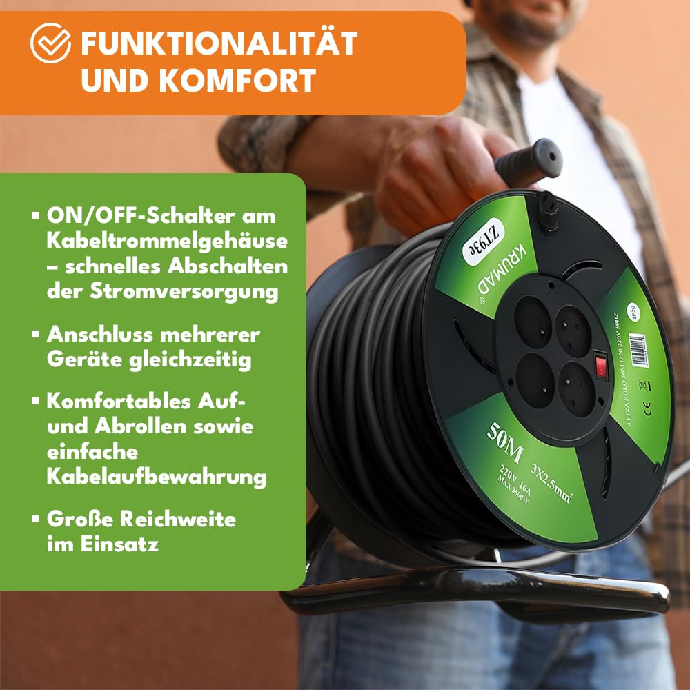 KRUMAD Enrollador de cable de 50 m con 4 enchufes con toma de tierra, cable 3 x 1 mm², 2000 W máx., 220 V, para taller y uso doméstico, tambor enrollador de cable con manivela, protección contra