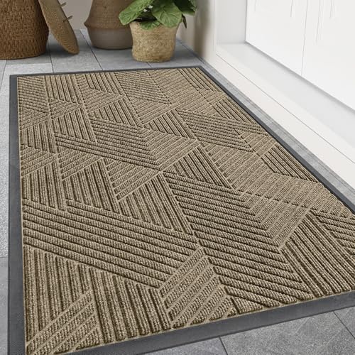 Image of Smiry Front Door Mat Outside Entrance, Heavy Duty Sturdy Natural Rubber Doormat, Trap Dirt and Moisture, Easy Clean Low Profile Mats for Indoor Outdoor Entry, Irregular Triangle (47x32, Camel)