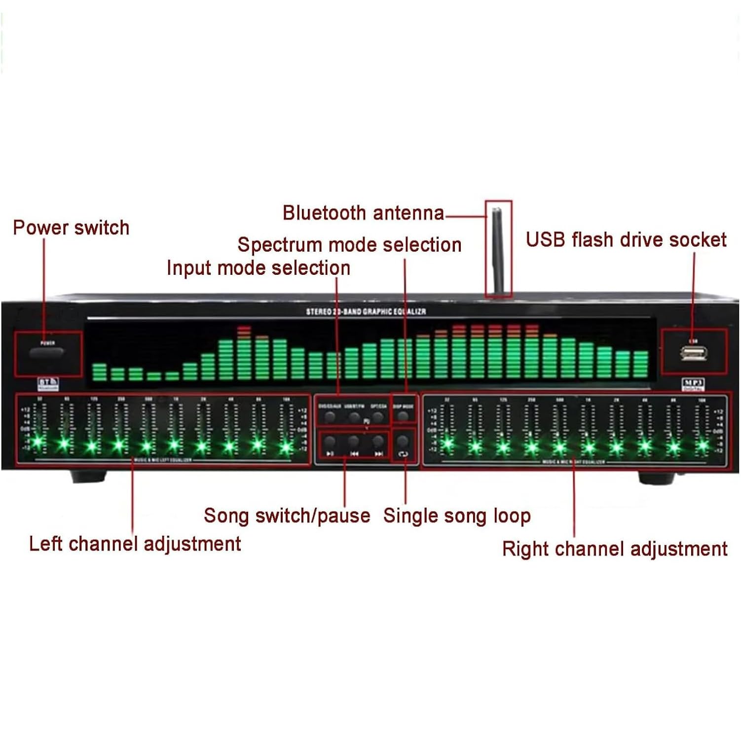 Professioneller EQ Grafic Equalizer, 31-Band Digital Equalizer, Stereo Graphic EQ, Musikspektrumanalysator mit Rauschreduktion, 12 Rhythmusmuster für das Aufnahmestudio