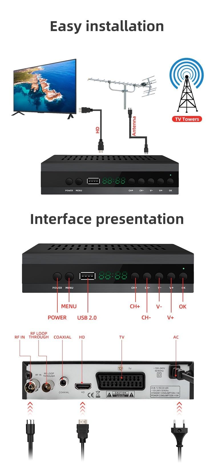 2024 Nouveau décodeur TV TDT espagnol DVB-T T2 H265 HEVC FTA Full HD PVR, USB, HDMI, SCART, tuner TV numérique terrestre, récepteur numérique, Full HD 1080p