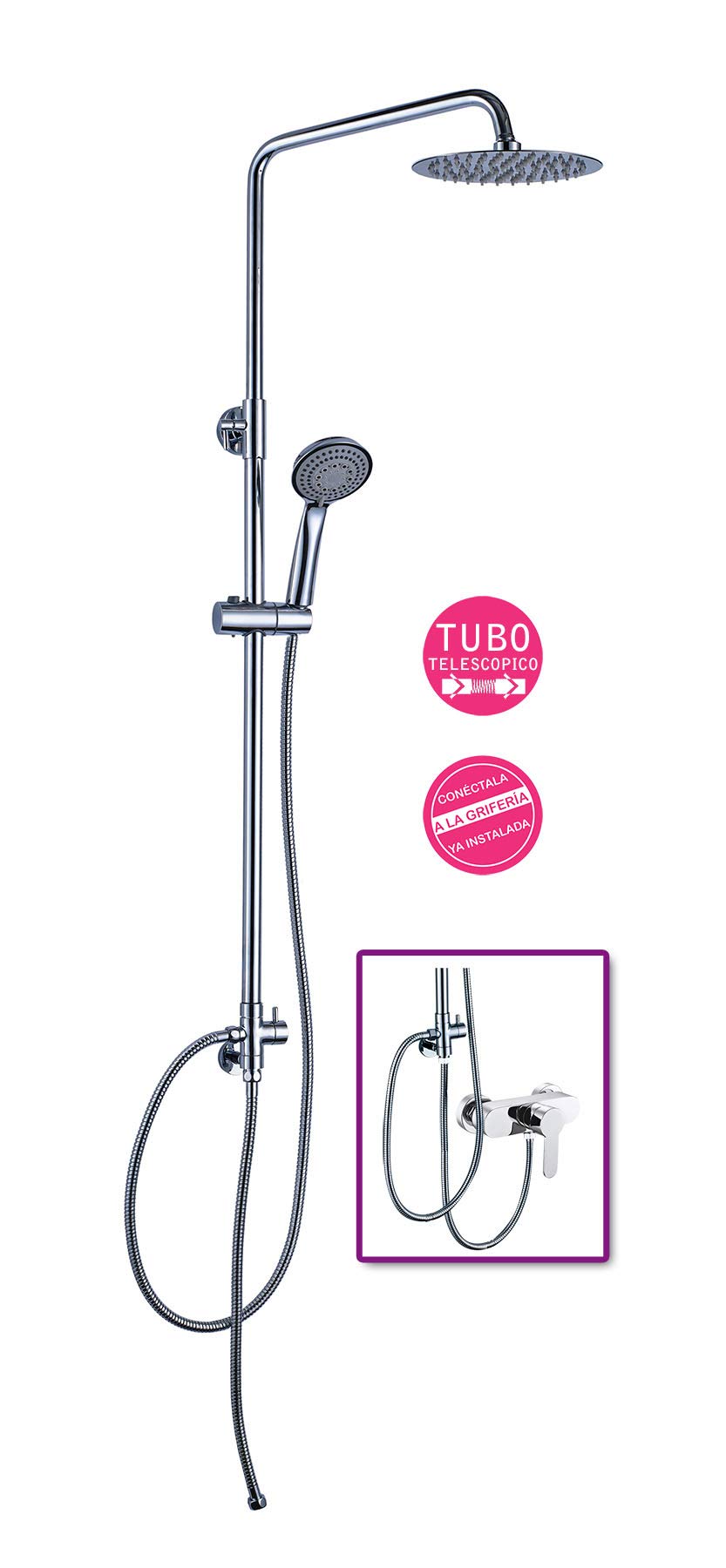 Columna de ducha SIN GRIFERÍA extensible de 80 a 120 cm. Se conecta a grifos de ducha estandar. Incluye desviador, 2 flexos de 60cm y 175cm, ducha de mano hidromasaje y rociador superior redondos