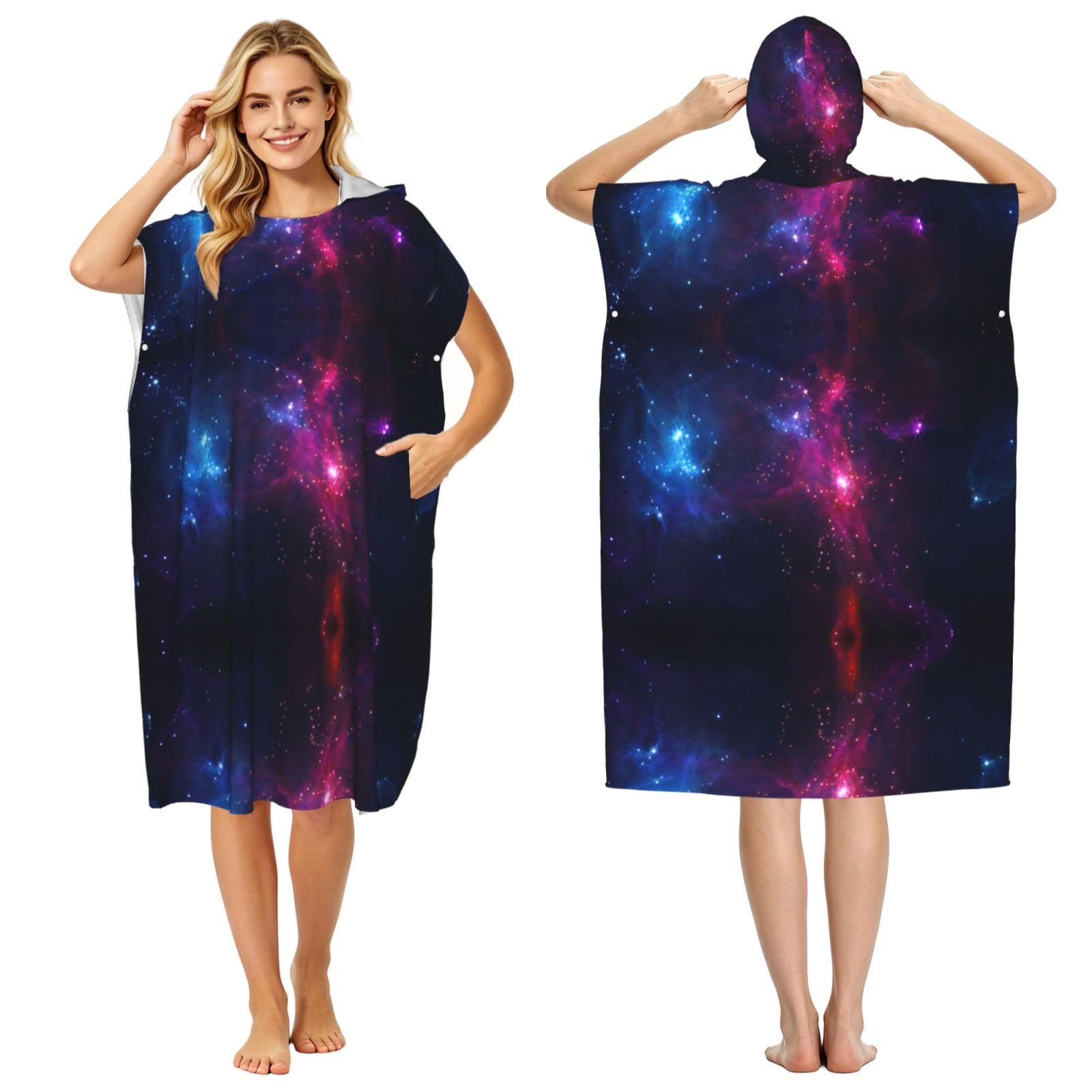 EZDLOWVBA Galaxy Print Hooded Poncho Microfiber Beach Towel,Adult Women & Men Changing Robe,Lightweight Summer Surf Swim Bath Poncho Towel