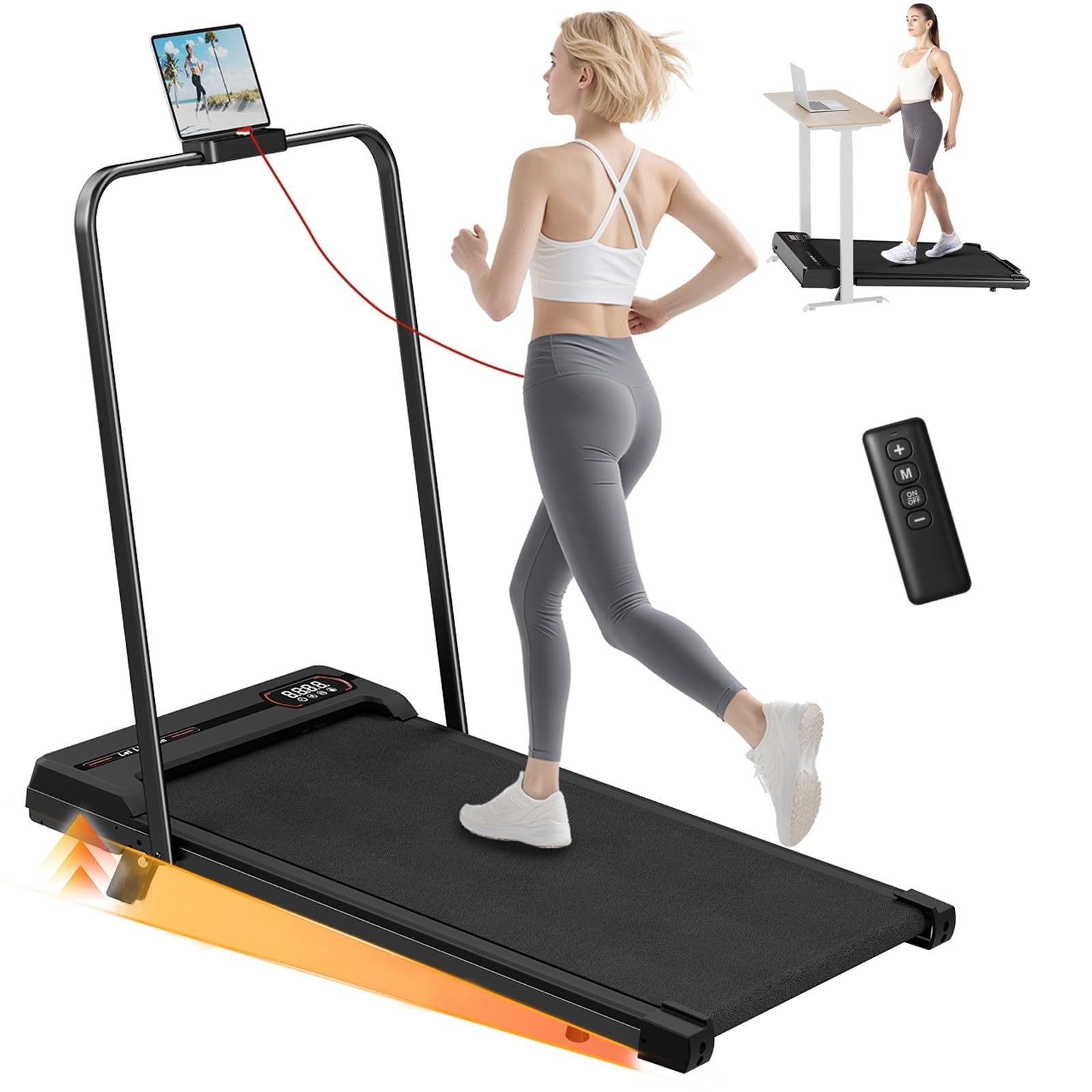 Incline Walking Pad with Handle Bar,Folding Treadmill Foldable Portable Under Desk for Home Office,Ultra Quiet <45dB,Safety Lock,300+ LB Capacity
