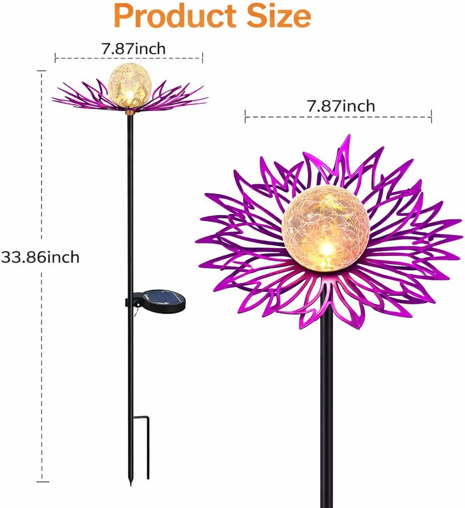 Solar Garden Lights Outdoor Decor, Metal Flower Solar Stake Light with Warm White Crackle Glass, Waterproof Yard Art Ornament for Patio Lawn Backyard, Unique Gardening Gifts for Women (Purple)