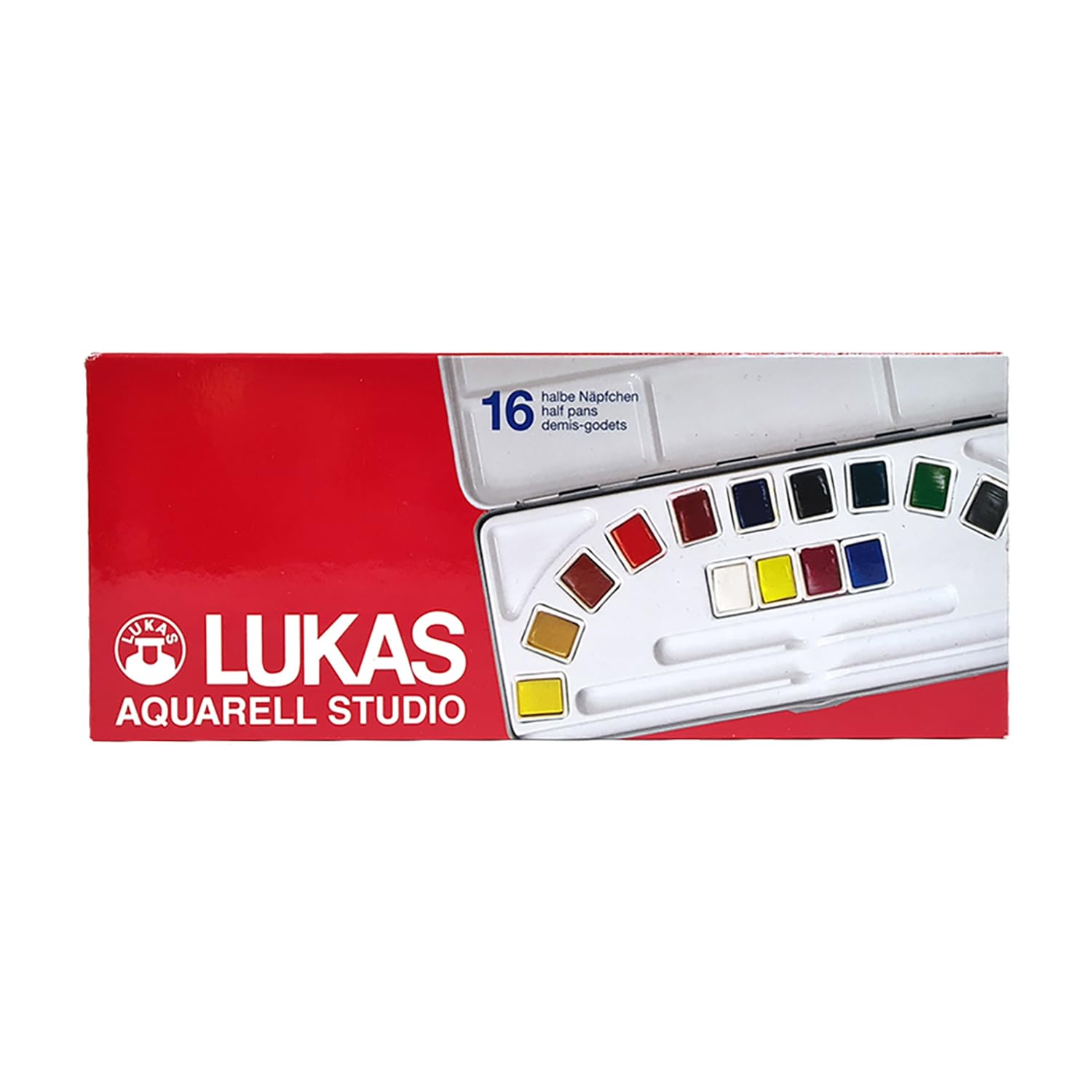 LUKAS Studio Aquarell Set, 16 x Half Pans in Assorted Colours, For Entry-Level Professional & Student Watercolour Artists