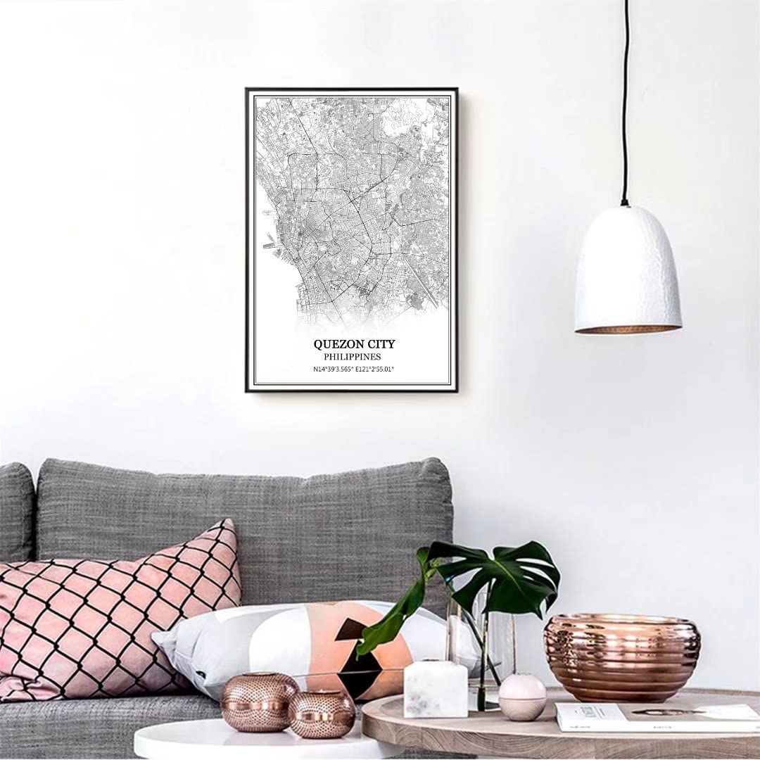 Quezon Miasto Filipiny mapa sztuka ścienna płótno druk plakat grafika nieoprawiona nowoczesna czarno-biała karta pamiątka prezent dekoracja domu 61 x 92 cm