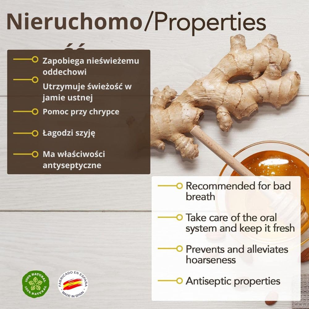 Cukierki Miodowo-Imbirowe x 500g - Bezglutenowe i Bezcukrowe. Hiszpańskie i ręcznej produkcji cukierki na gardło. Zalecany dla osób z nieświeżym oddechem lub nieprzyjemnym zapachem z ust i gardła.