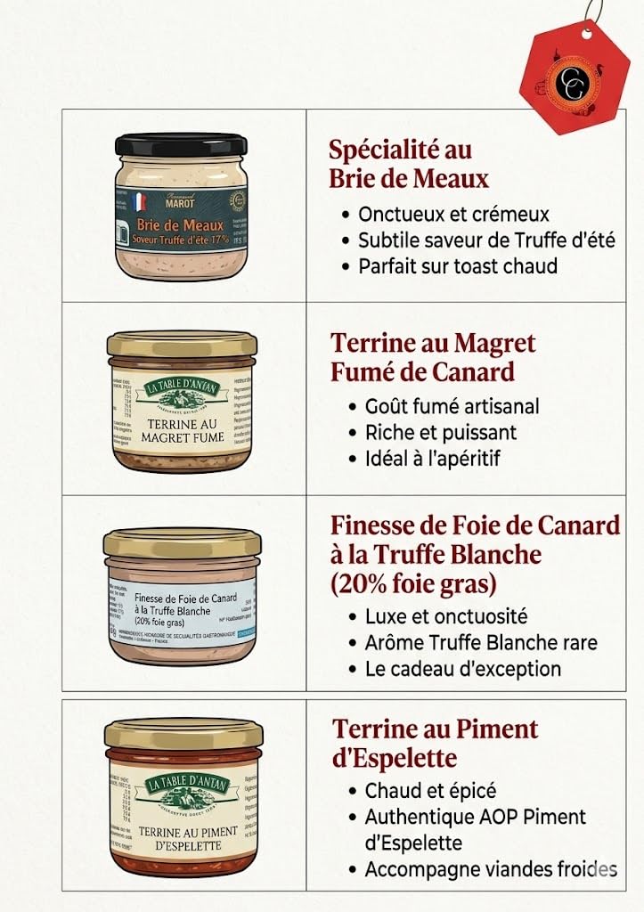 COLIS GOURMANDS – Coffret Cadeau Idee Originales Terrines Artisanales – Magret Fumé, Piment d'Espelette, Foie de Canard Truffe Blanche, Brie de Meaux Truffe – Idéal Noël, Anniversaire, Fête des Pères