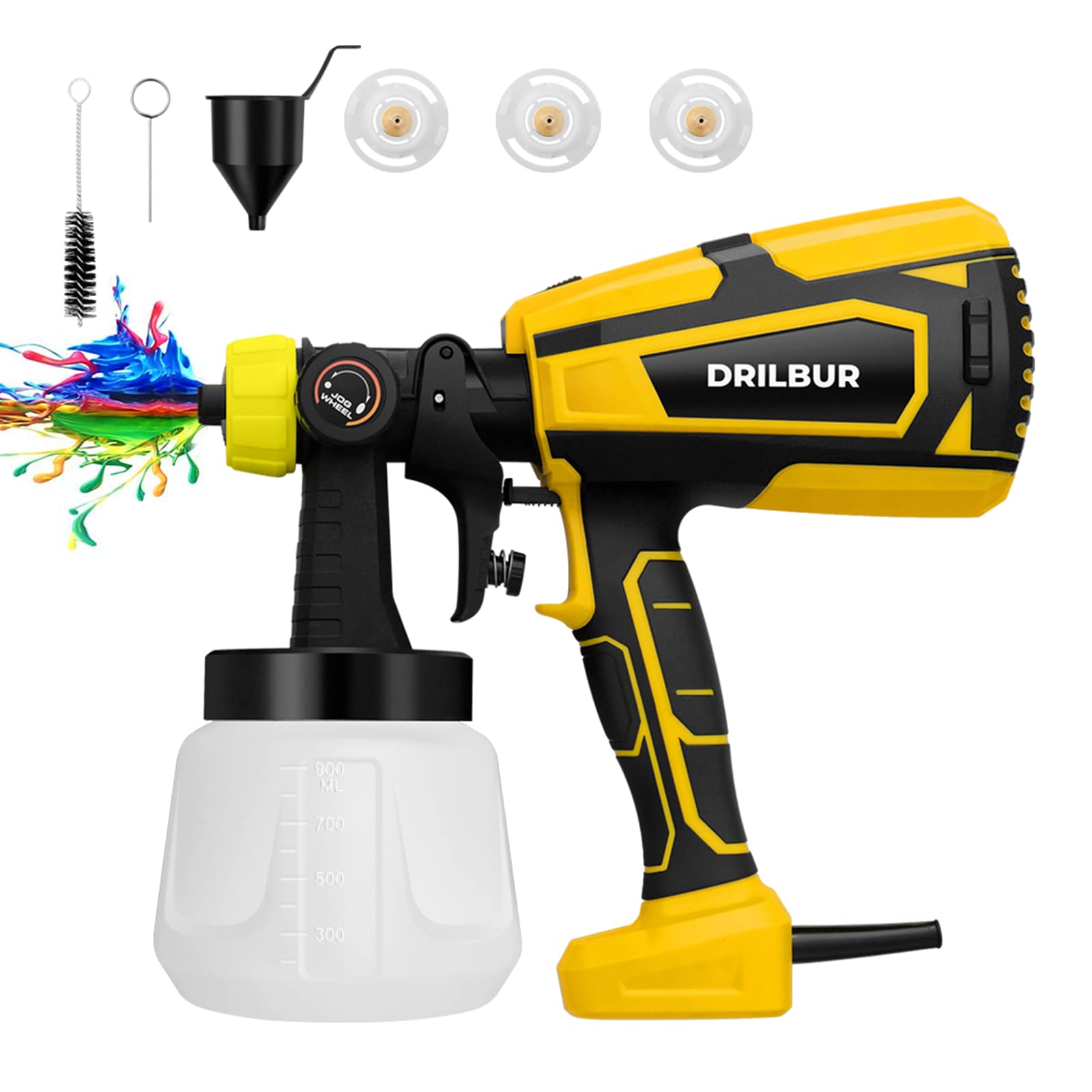 DRILBUR Paint Sprayer, 700W High Power HVLP Spray Gun, Electric Paint Gun with 3 Copper Nozzles, 3 Spray Patterns for Painting Ceiling, Fence, Cabinets, Tables, Chairs, Walls and Crafts (Yellow)