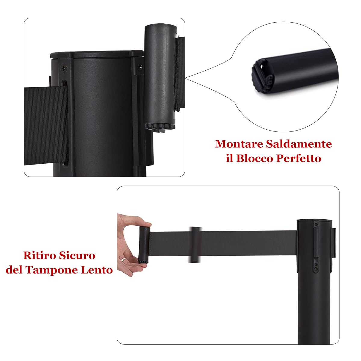 GYMAX Set di 4 Paletti per la Fila d'Attesa Neri con Corda Nera, Paletti di Guida Neri Retrattili con Cintura Retrattile di 2M, Paletti di Separazione Retrattili, Fila d'Attesa, Nero