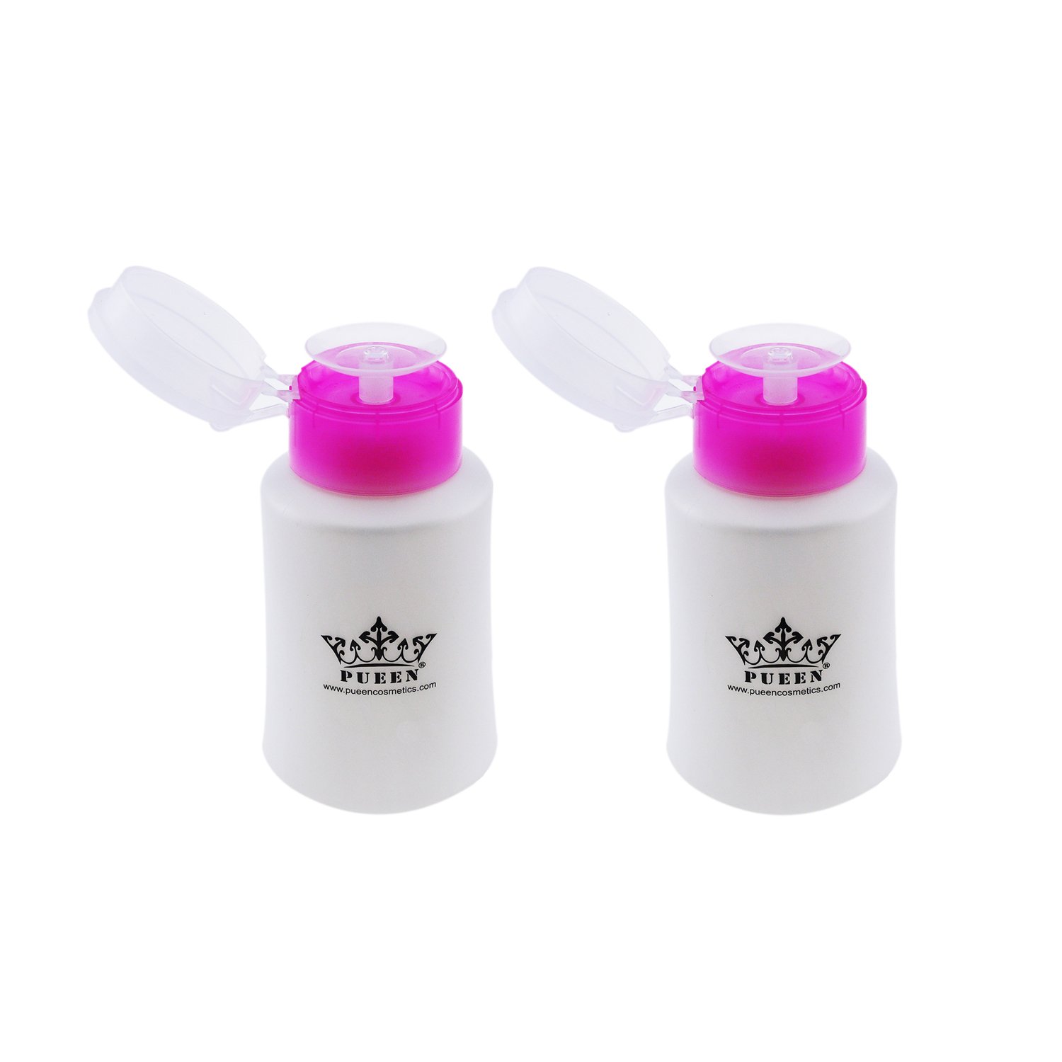 PUEEN 2 Pack Push Down Empty Pump Dispenser For ACETONE Nail Polish Remover Alcohol - Clear Bottle - 6 Oz Bottle (PINK) - Set of 2-BH000527