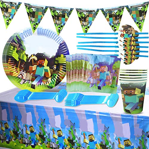 BESLIME Tema Miniera Forniture per Feste di Gioco Bambini Compleanno Piatti per Feste USA e Getta Tazze Tovaglioli Tovaglia Carta Banner-servire 6 Ospiti