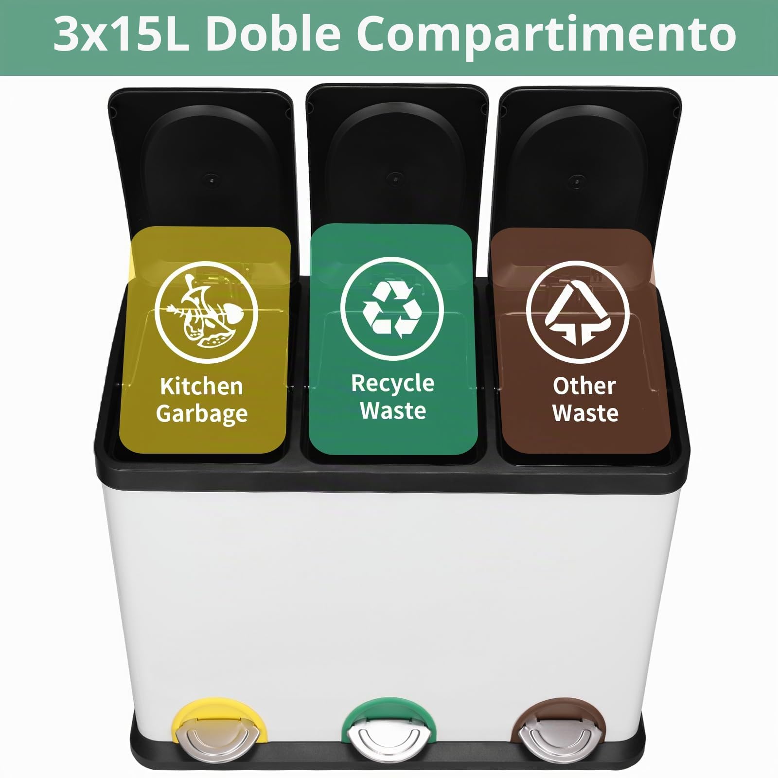LIFERUN Cubo de Basura reciclaje 3 compartimentos, Papelera triple de cocina con pedal, Cubo de basura cocina de Metal 45 litros (3x15 L), Blanco