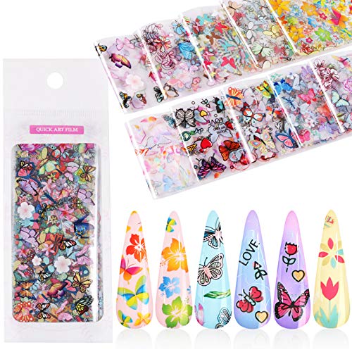 10 Colors Nail Foil Transfer Sticker, KISSBUTY Butterfly Nail Art Stickers Tips Wraps Foil Transfer Adhesive Glitters Acrylic DIY Nail Decoration