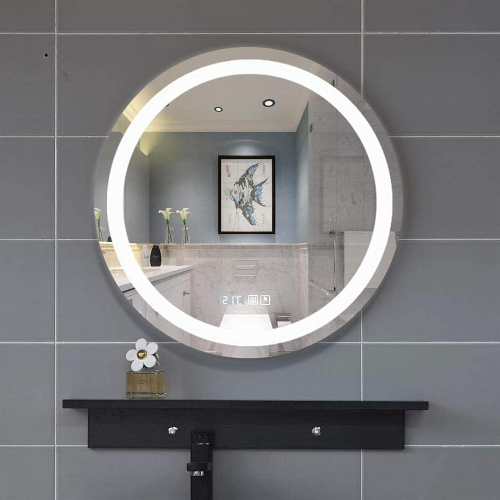 ARZEON Espejo de Maquillaje, Pequeño Espejo de Pared Colgante Redondo, Espejo de Maquillaje Regulable, Luz Blanca Diurna Iluminada con Atenuador para Tocador, Baño (Color: Luces Blancas, Tamaño: 70 cm
