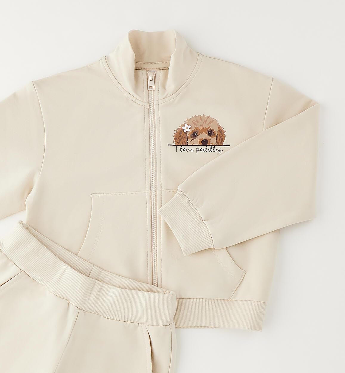 IDO Completo tuta bambina 5 anni - 110 cm con felpa zip color beige stampa cagnolina