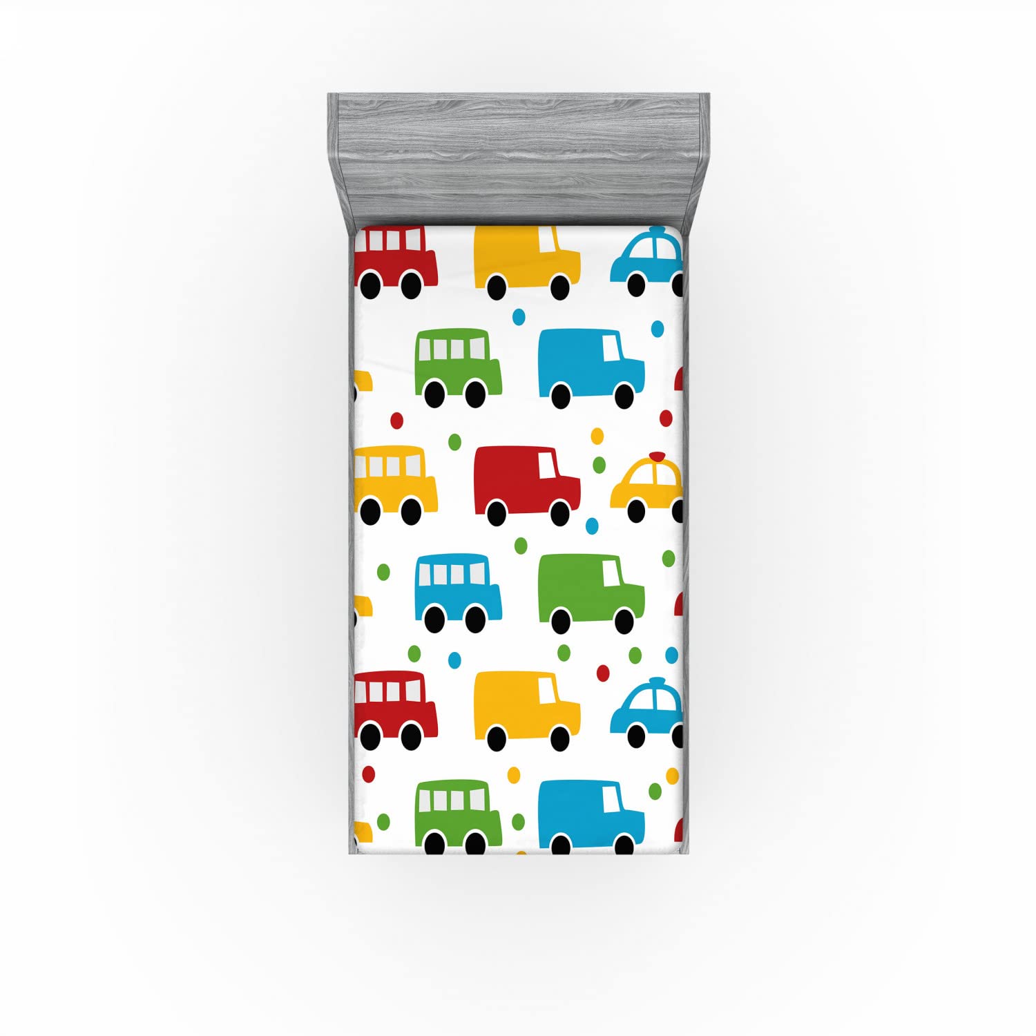 Ambesonne Cars 2 Pack Fitted Sheet, Vivid Bus Taxi Automobiles, Bed Cover All-Round Elastic Deep Pockets 2 Pieces, Package Contains 2 Twin Size Fitted Sheets, Red Blue