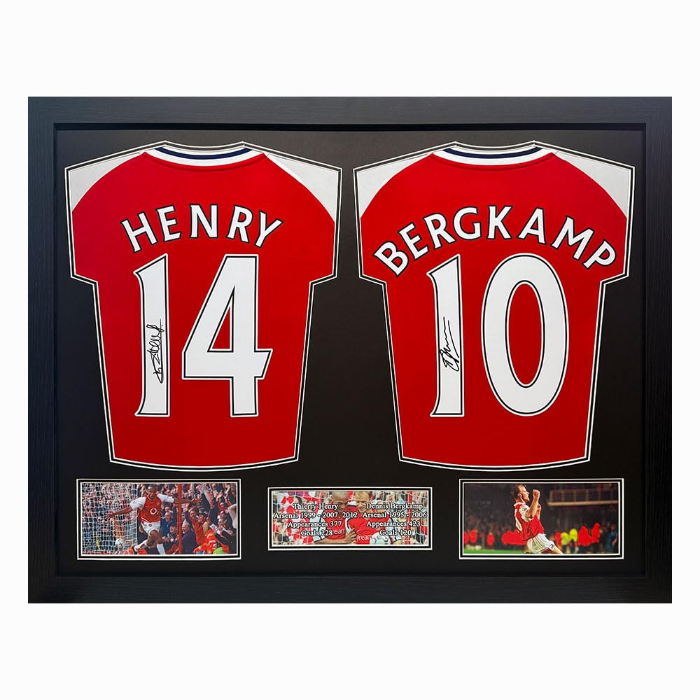 Allstarsignings Dennis Bergkamp and Thierry Henry Signed and Framed Arsenal Shirts with COA and Proof Red