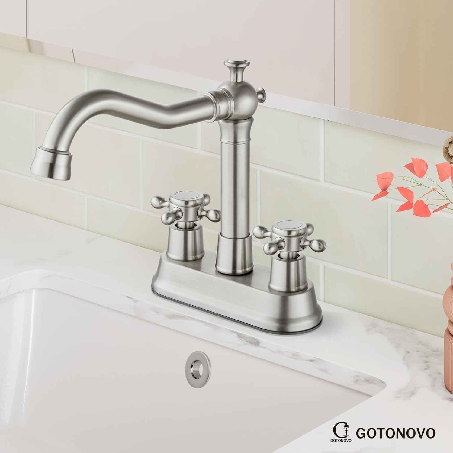 gotonovo 4 Inch Centerset Bathroom Faucet 2 Cross Handles Deck Mount 2 Hole Lavatory Vanity Utility Mixer Tap with Water Supply Hoses and Pop Up Drain RV Farmhouse, Brushed Nickel