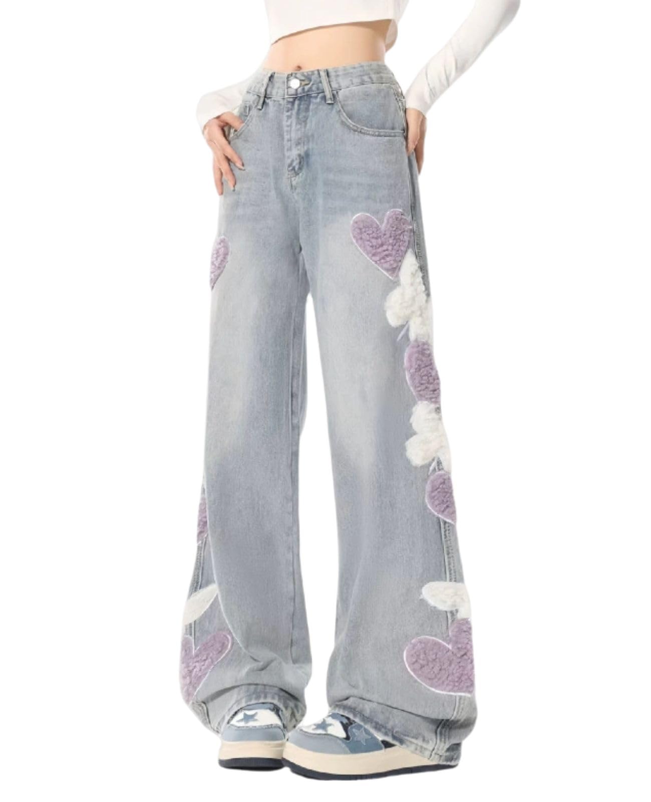 Cute Jeans for Women Girls Star Patchwork Pants High Waisted Straight Leg Jean Casual Preppy Clothes: X-Large Blue3