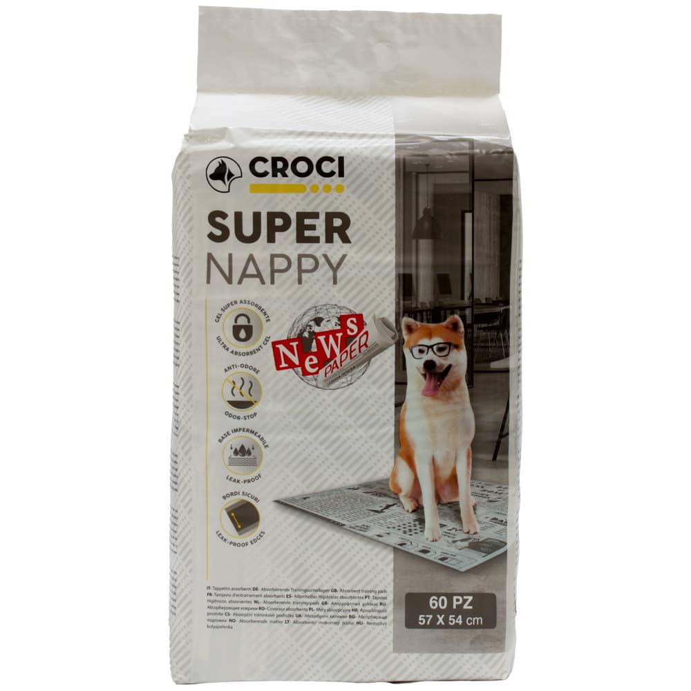 Croci Super Nappy Newspaper - Super chłonne maty higieniczne dla psów 57x54 cm - 60 sztuk, Traverse jednorazowe psy i zwierzęta, antyzapachowe i odporne na rozdarcie