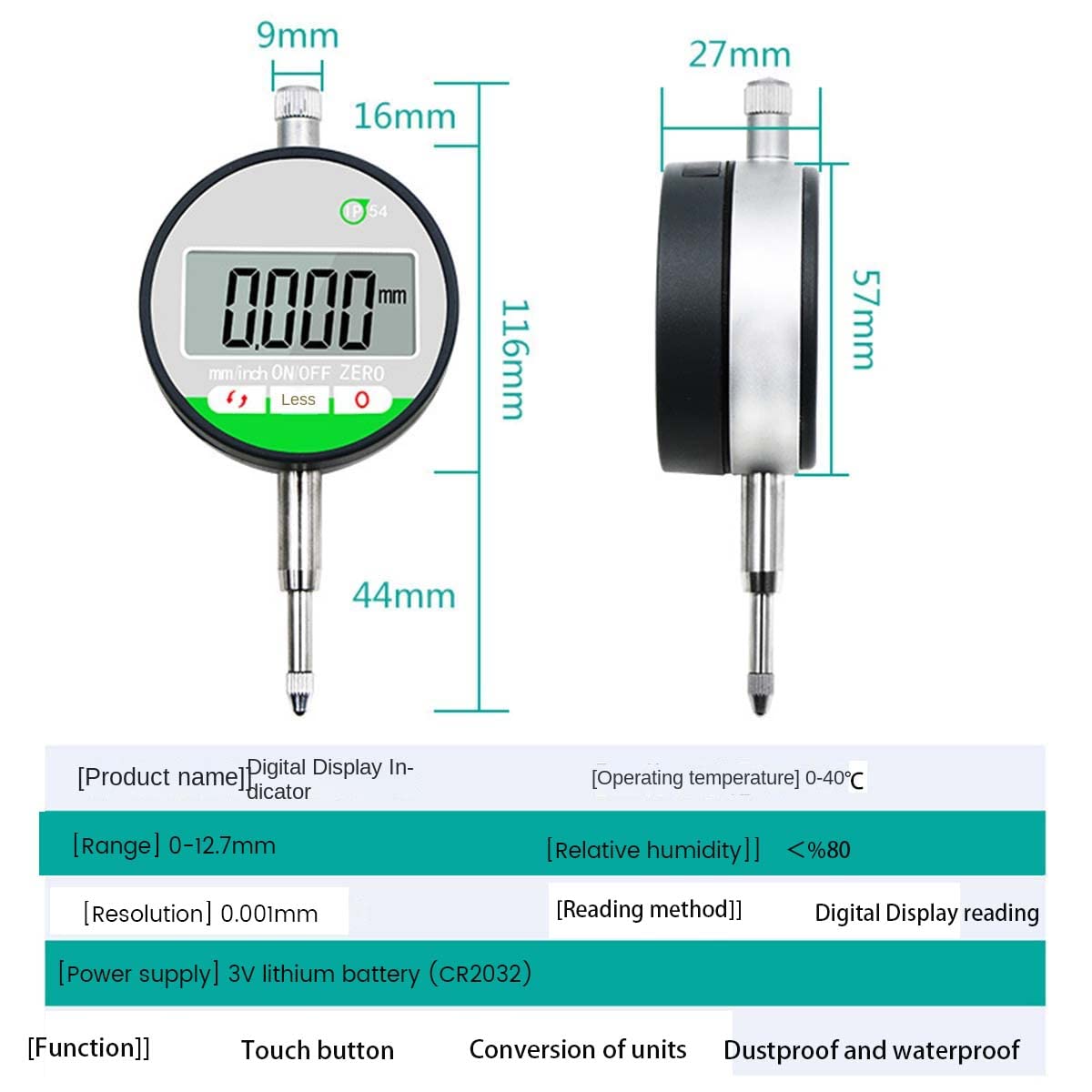 Medidor electrónico de desplazamiento (indicador digital métrico, 0-12,7 mm), indicador de precisión de esfera