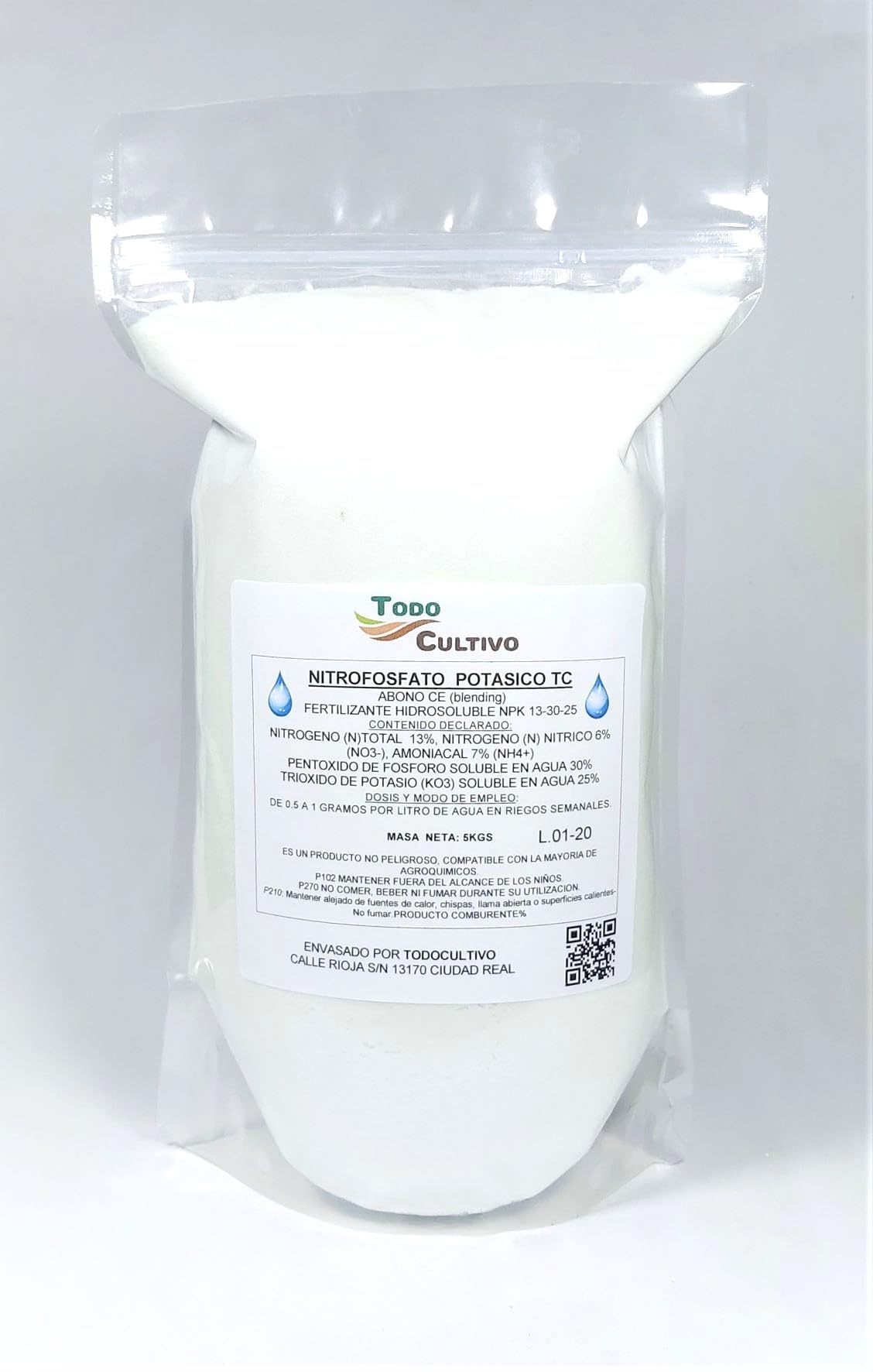 Fertilizante Abono Nitrofosfato potásico NPK 13-30-25 Completo hidrosoluble 5 Kg abono para riego idóneo para plantaciones jóvenes Que empiezan a producir Fruto.