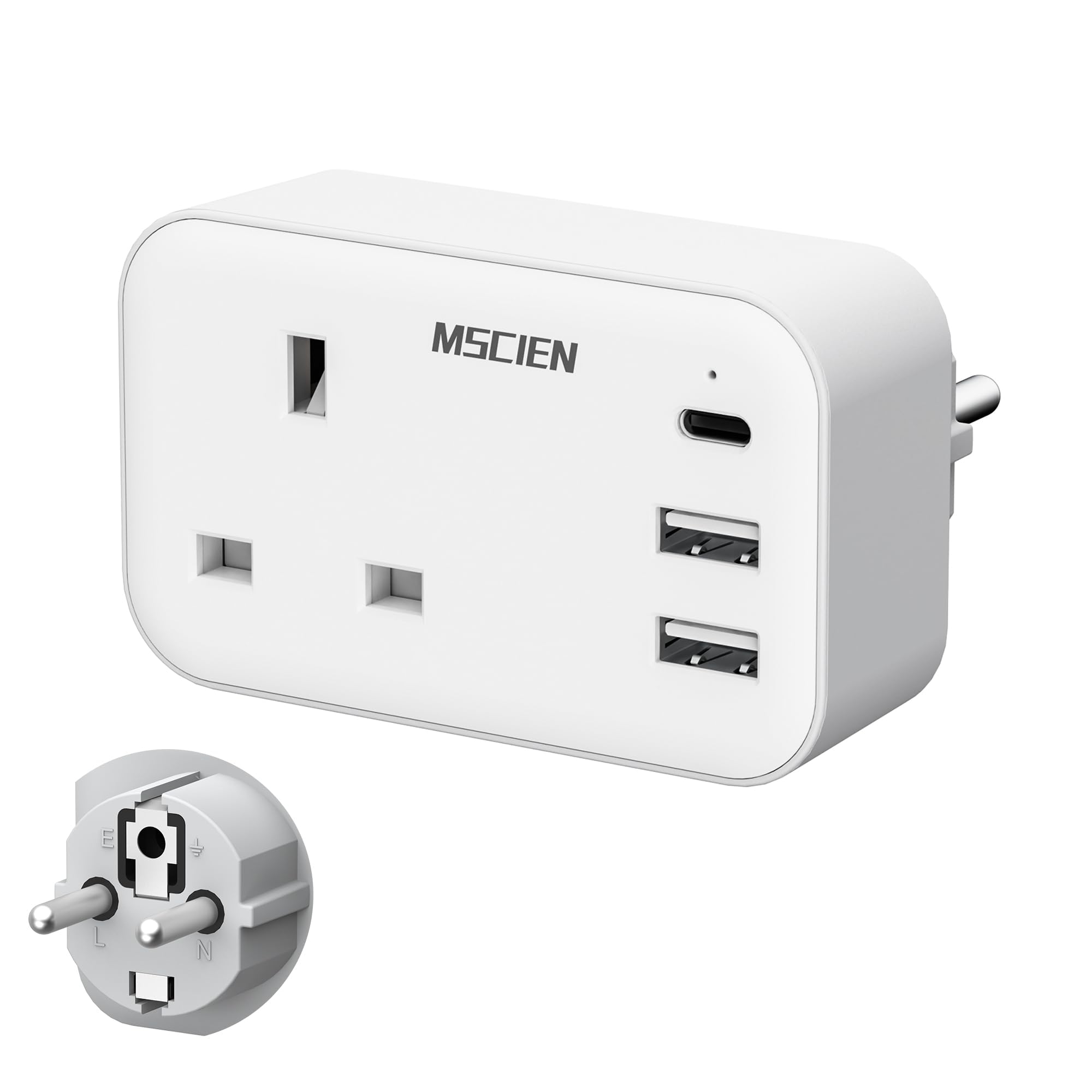 Mscien 2 Pack UK to European Plug Adapter with USB-C, EU Travel Plug