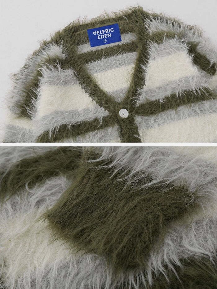 Aelfric Eden Color Blocking Striped Fuzzy Cardigan Crewneck Vintage Oversized Button Down Knit Cardigans Sweater Tops3