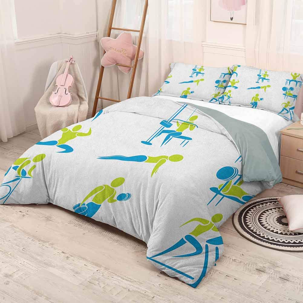 prunushome Fitness Bedspread Coverlet SetSet of Icons Showing Different Gym Activity Weightlifting Equipment Lightweight Sky Blue Green White 104x90in/20x35inx2