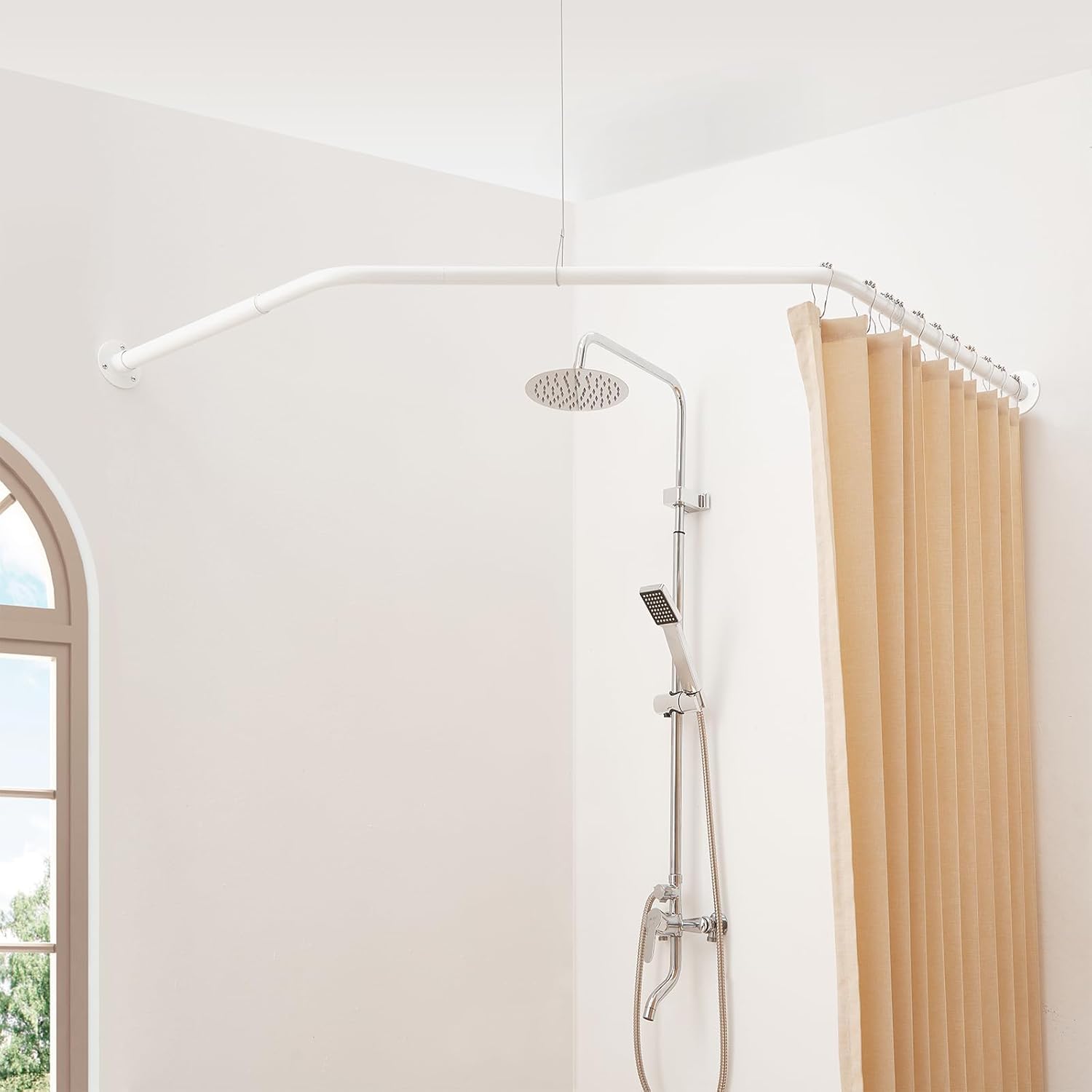 Corner Shower Curtain Pole, Diamond Shaped Shower Rail, Curved Shower Curtain Rod for Bathroom, 304 Stainless with 12 Ring Hooks & Ceiling Support [Both Sides: 55-88cm, Middle: 71-110cm] (White)