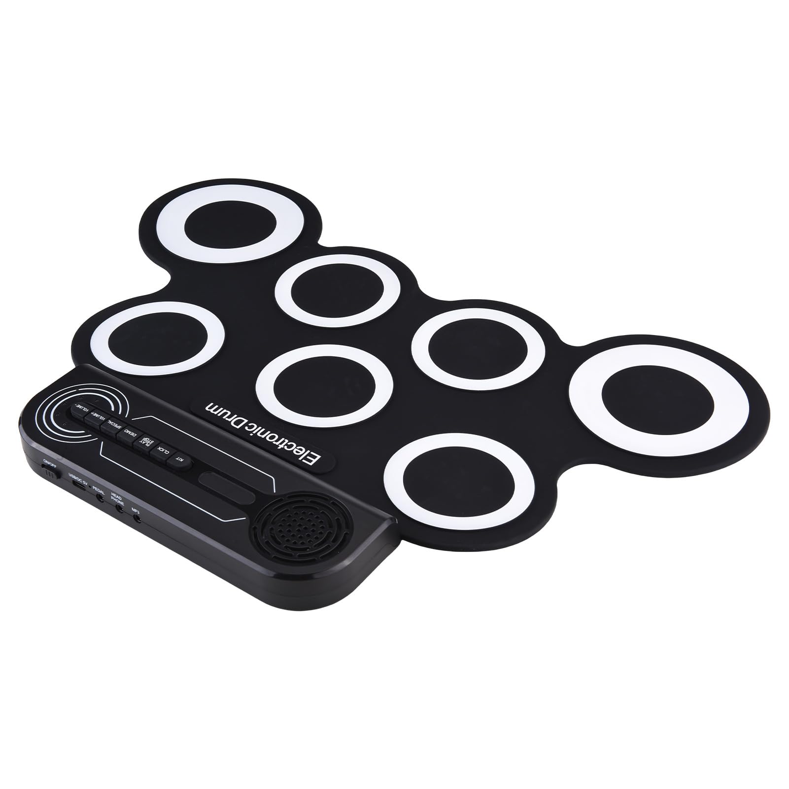 Walmeck Tambor de Escritorio Portátil Altavoz Rollo de Mano 7 Almohadillas Práctica de Silicona Kit de Tambor para Almohadillas para Principiantes Recargables (En y negro)